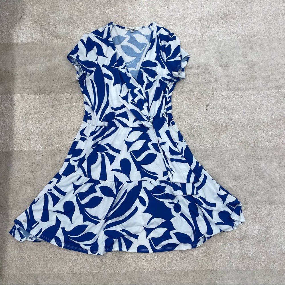 TASH + SOPHIE Women's Surplice Mini Dress Size L In White/Blue